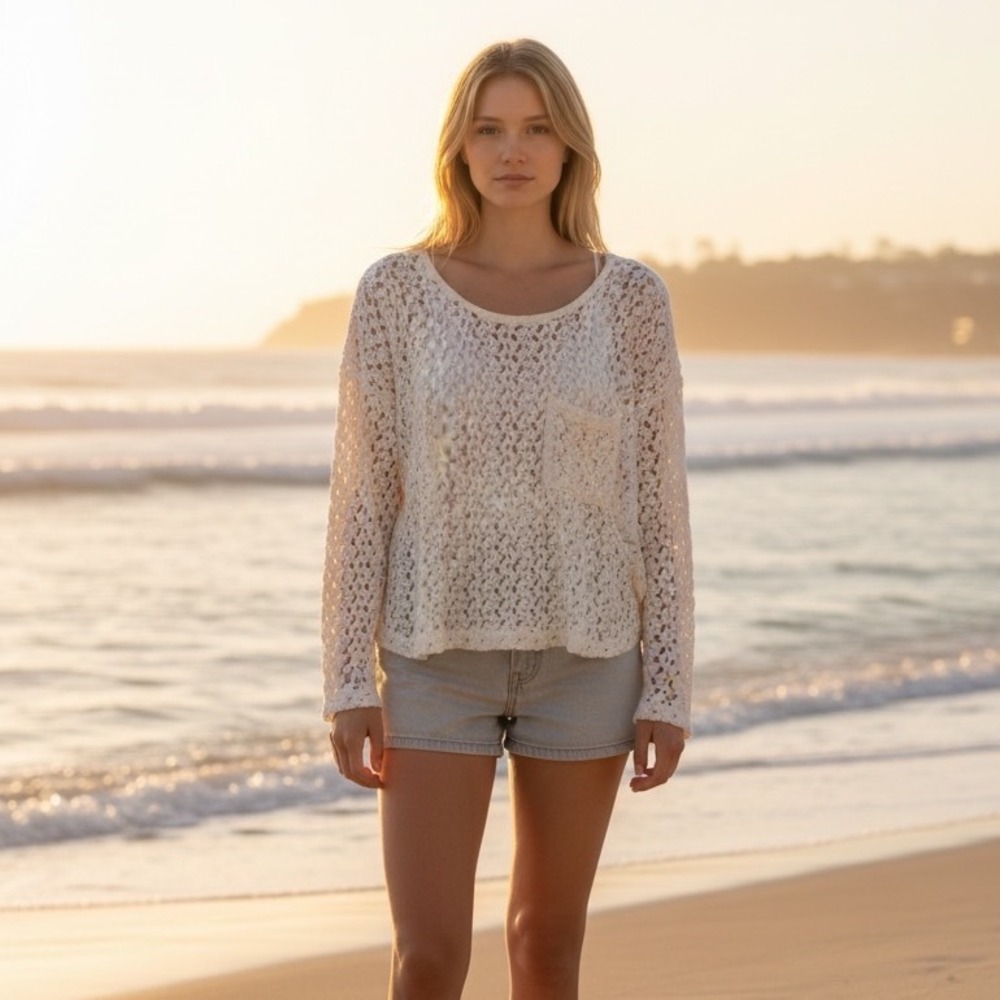 Honolua Wahine Crochet Ivory Sweater Womens S Long Sleeve‎ USA Boho Coastal Hip